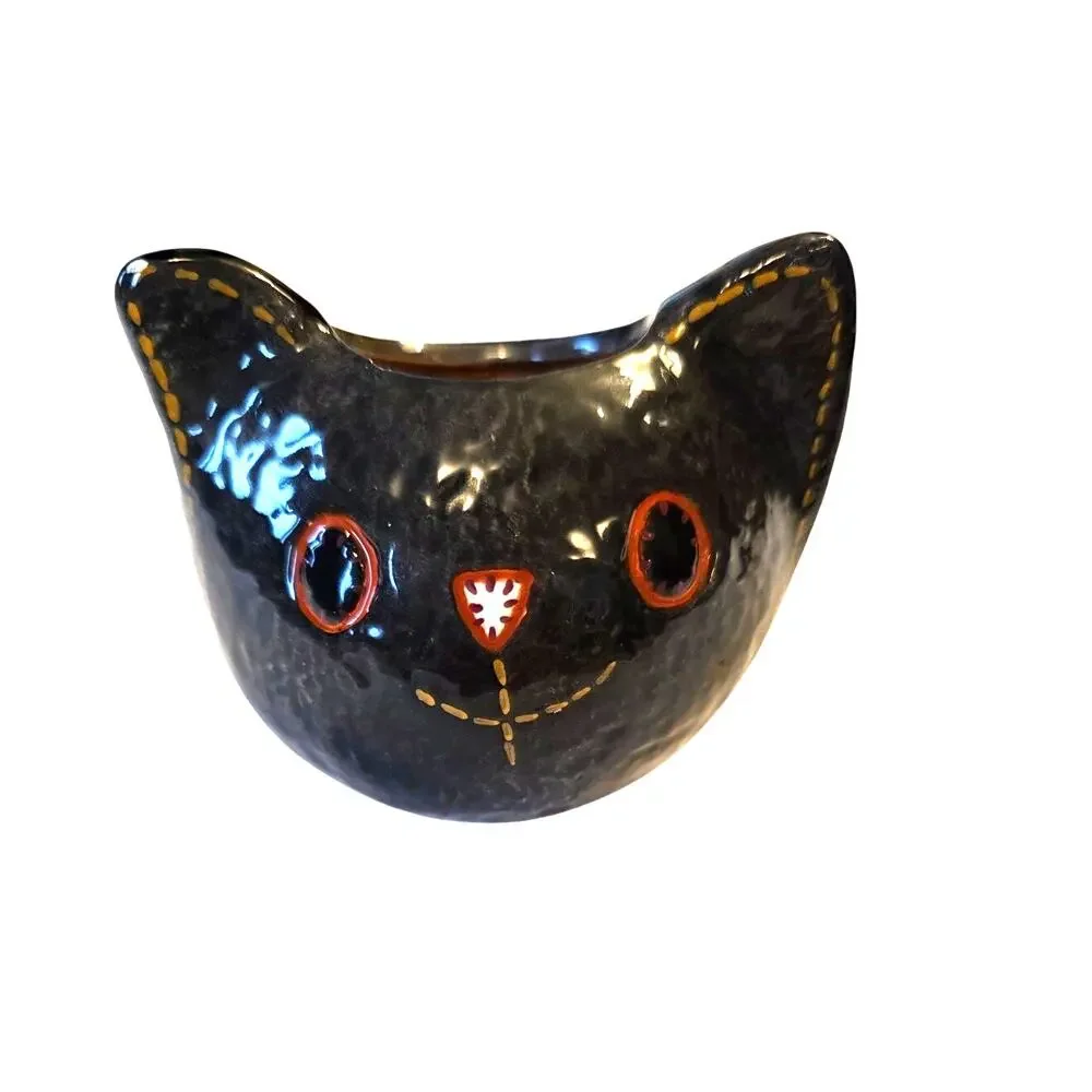 Halloween Black Kitty Cat Jar Orange Candle Holder Planter Candy Bowl Small